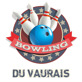 Logo vintage de bowling : cinq quilles blanches, une boule bleue, ruban rouge "BOWLING" et texte "DU VAURAIS". Style rétro sportif.