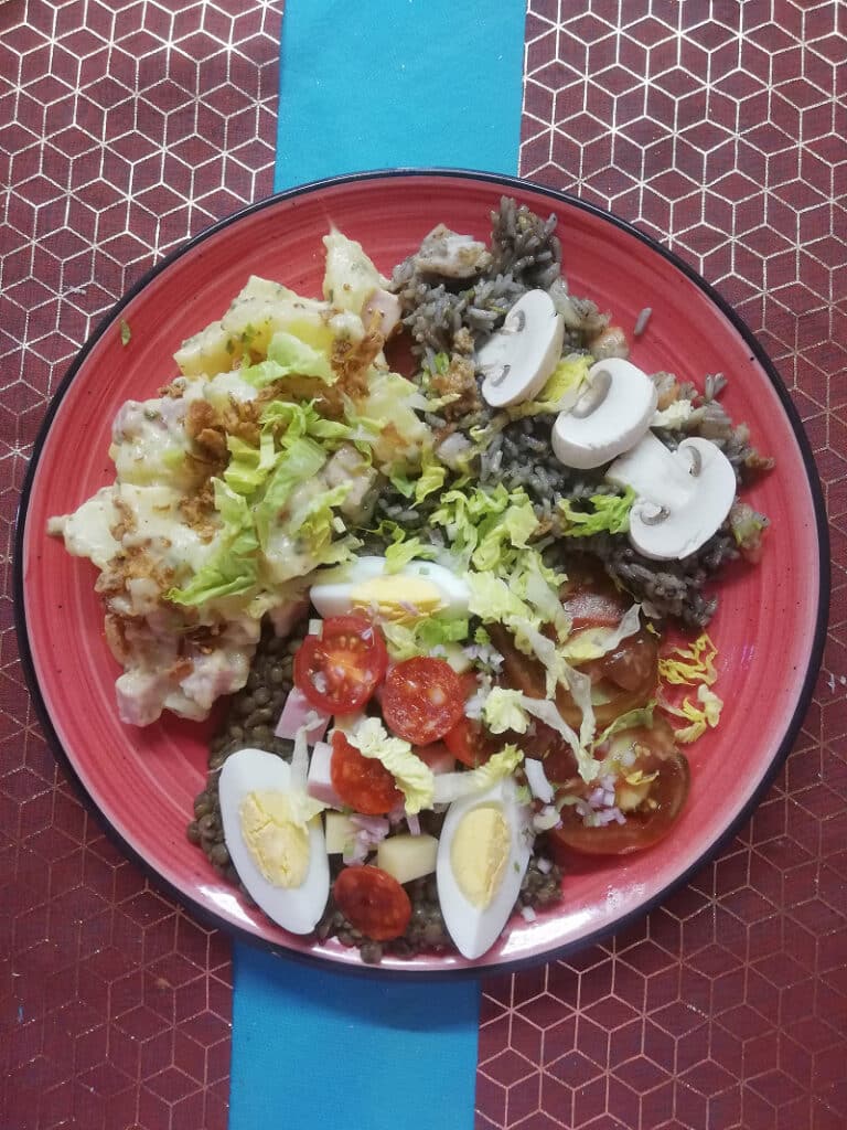Assiette colorée de salade composée avec riz noir, pommes de terre crémeuses, lentilles, œufs durs, tomates, champignons, et charcuterie.