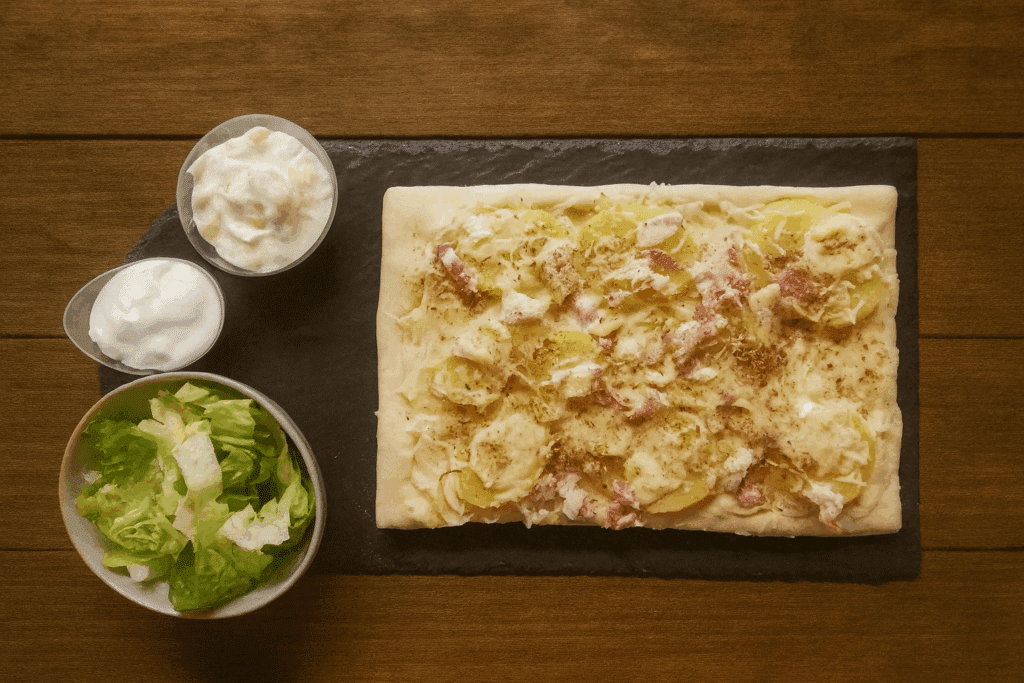 Flammekueche gourmande: pommes de terre, lardons, salade. Flammekueche rectangulaire aux pommes de terre, lardons et crème sur ardoise, accompagnée de salade verte et deux sauces blanches.