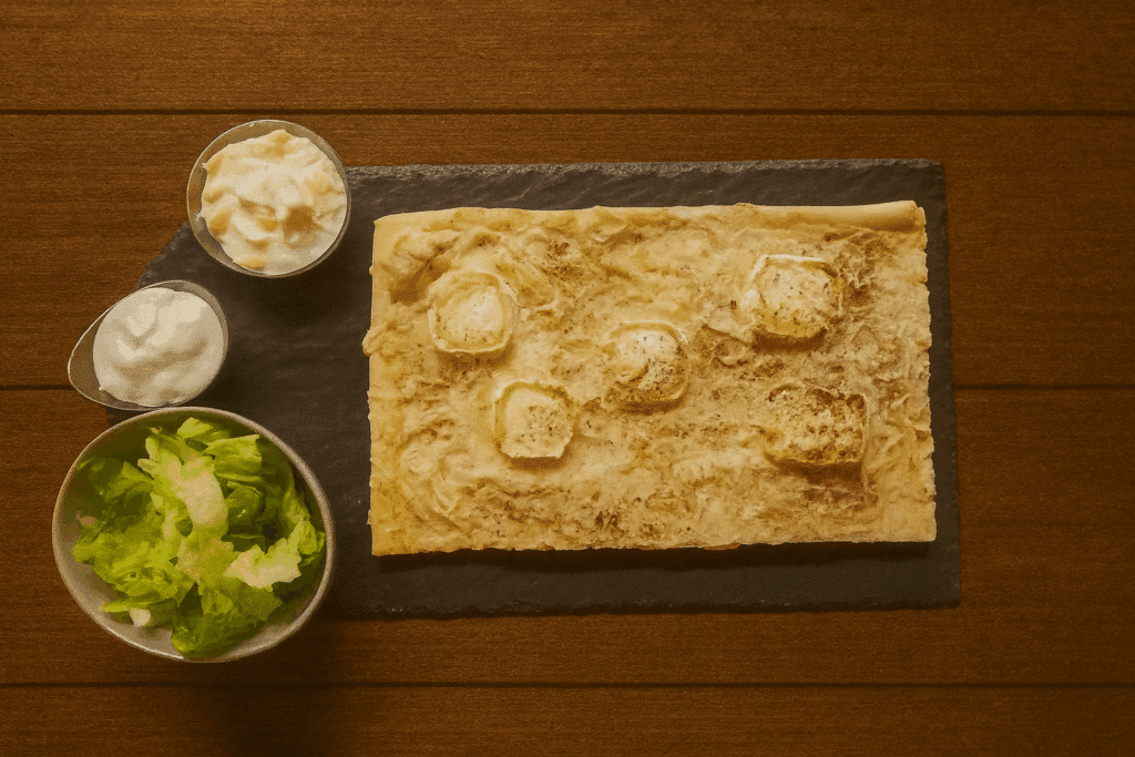 Tarte Flambée Chèvre & Oignons : Une Recette Authentique Tarte flambée au chèvre, oignons et crème, servie sur ardoise avec salade verte, sauce blanche et sauce aux dés.