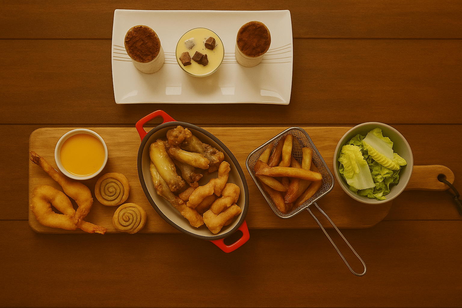 Apéritif Frit, Frites et Dessert Gourmand Assortiment apéritif frit (crevettes, ailes de poulet, frites) et dessert crémeux sur fond bois.
